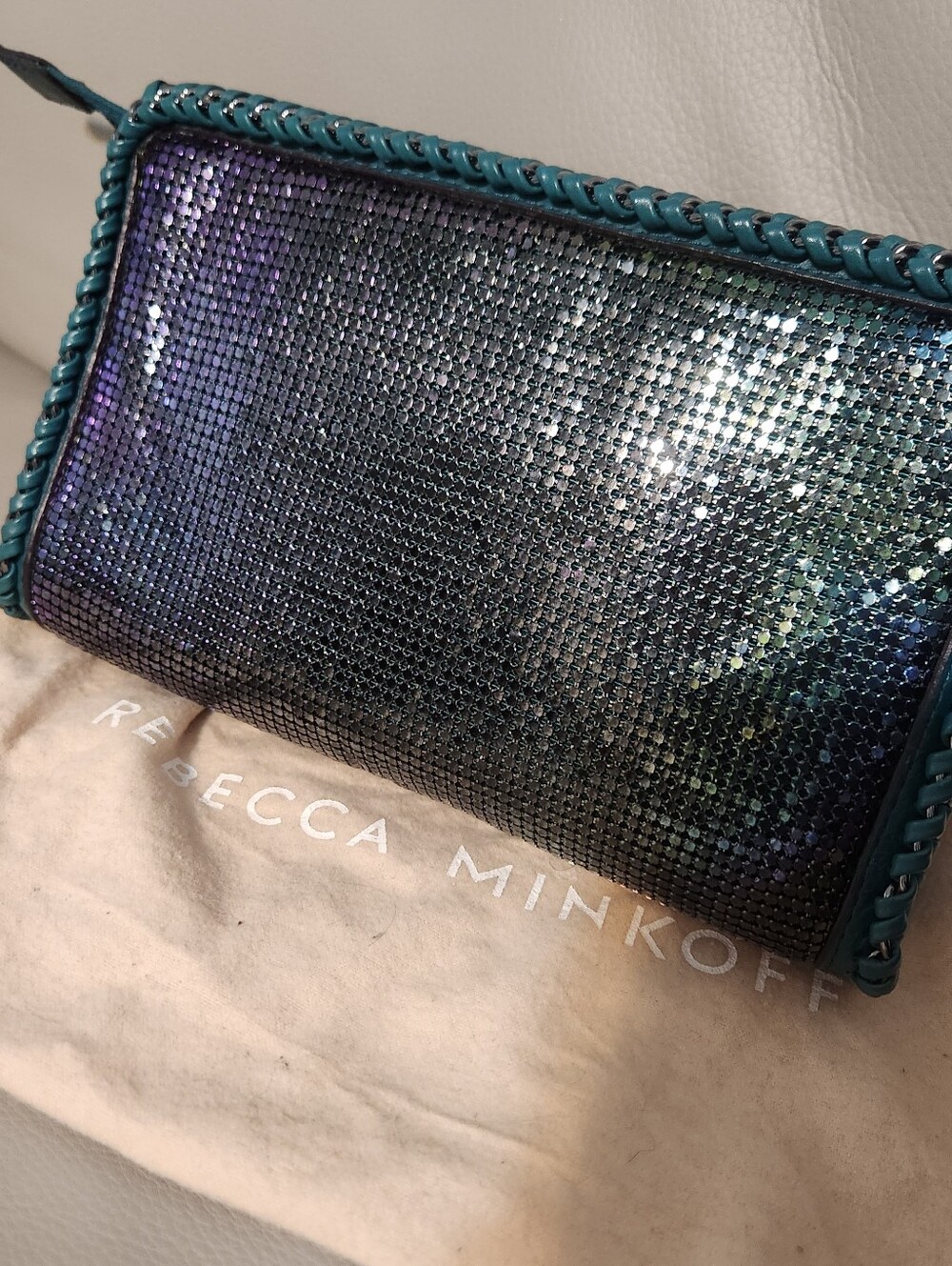 BCBGMaxazria Green Purple Iridescent Metallic Sequin Clutch Fringe Tassel